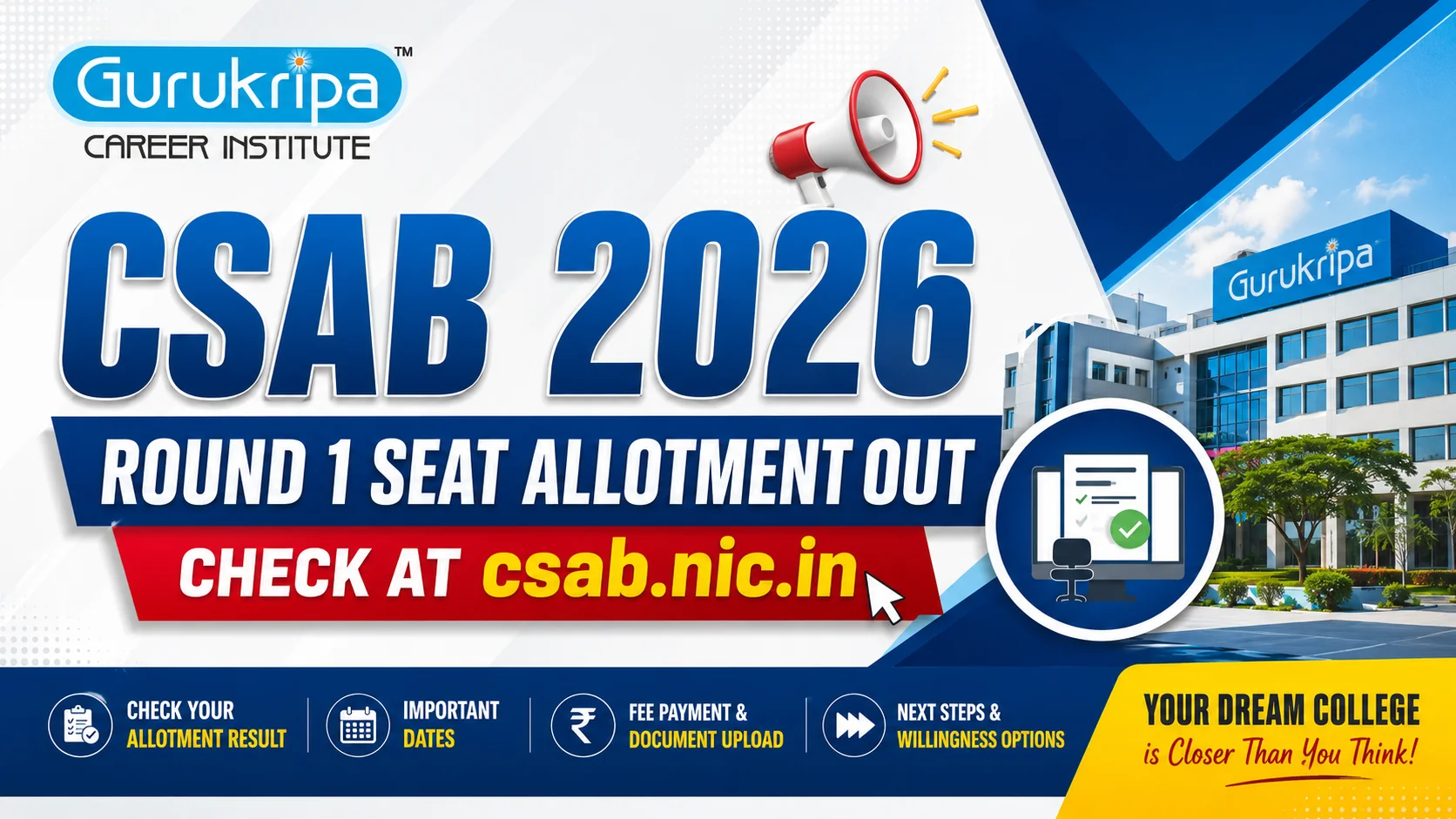 CSAB Counselling 2026 Round 1 Seat Allotment Result Out — Check at csab.nic.in